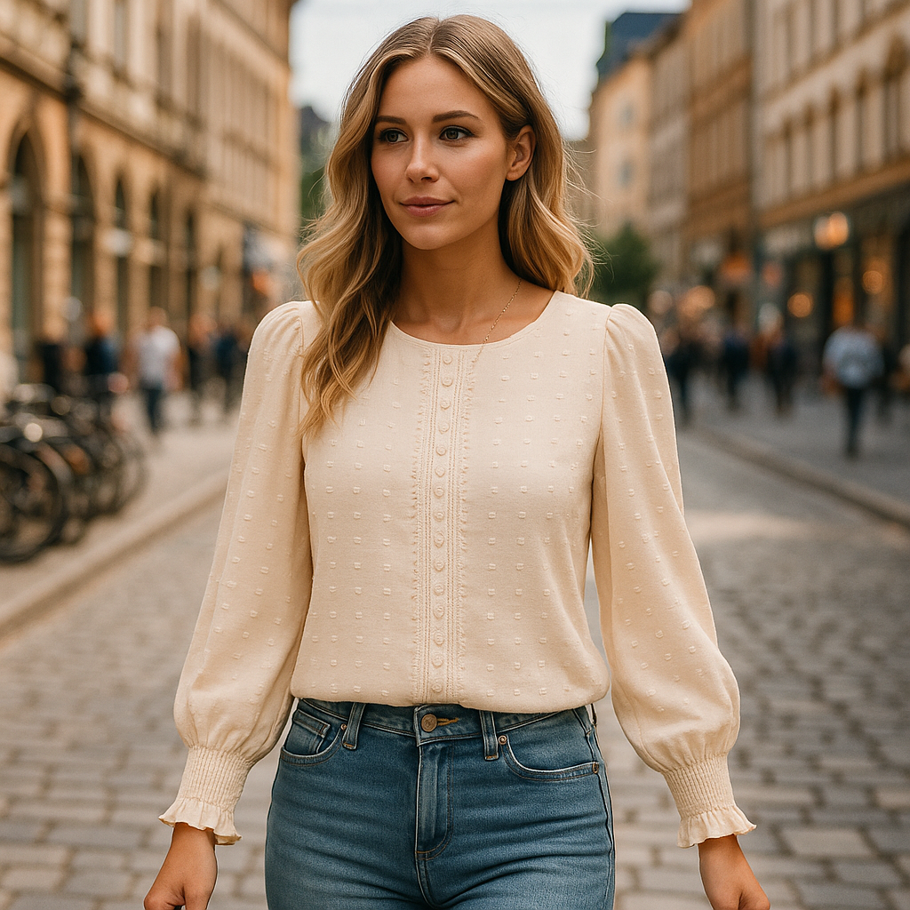 Krämfärgad långärmad blus med spetsdetaljer, smockade manschetter och diskret prickig struktur.