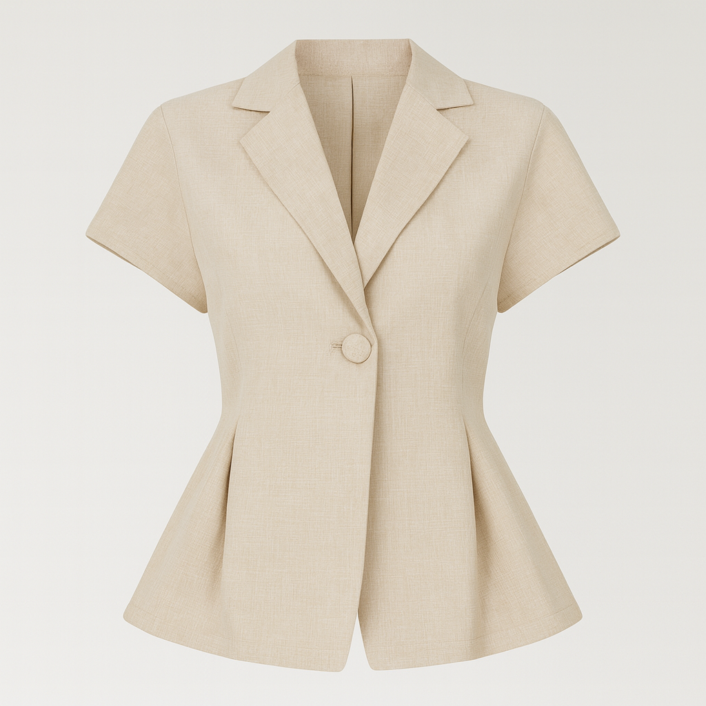 Beige blazer med korta ärmar, skräddarsydd midja och utsvängd fåll.