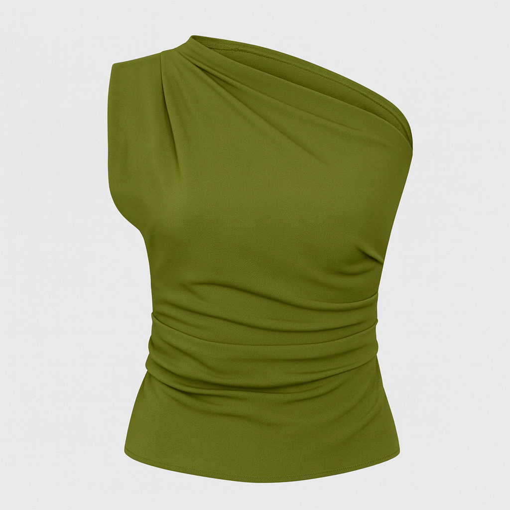 Olivgrön asymmetrisk topp med en axel och draperad midja