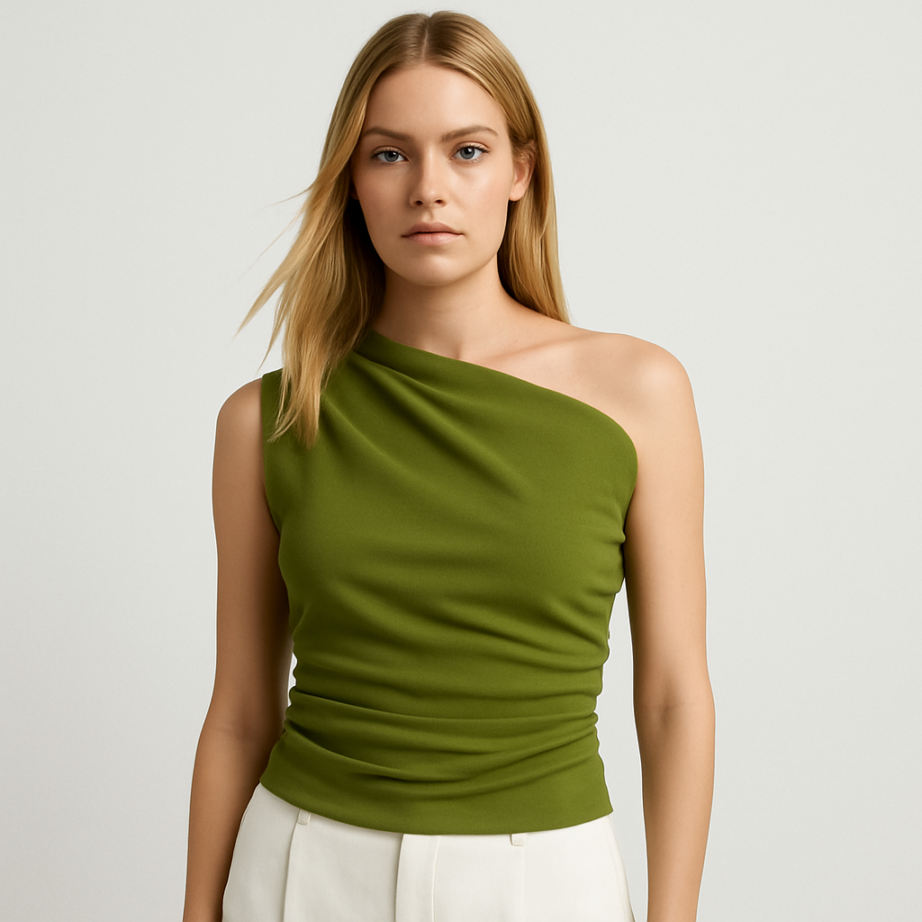 Olivgrön asymmetrisk topp med en axel och draperad midja