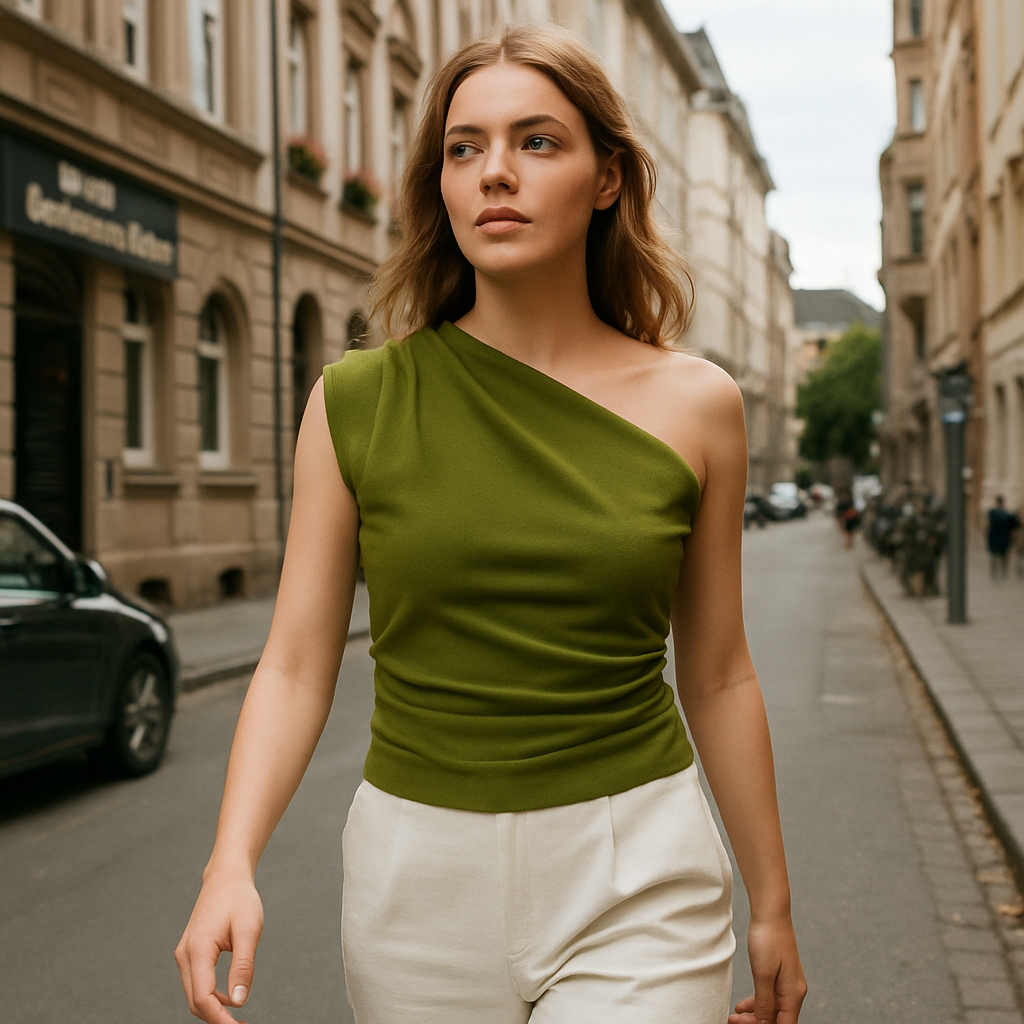 Olivgrön asymmetrisk topp med en axel och draperad midja