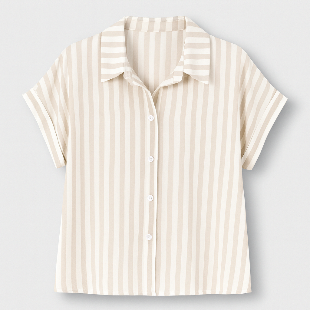 Beige och vit vertikalt randig blus med korta ärmar och knappar fram
