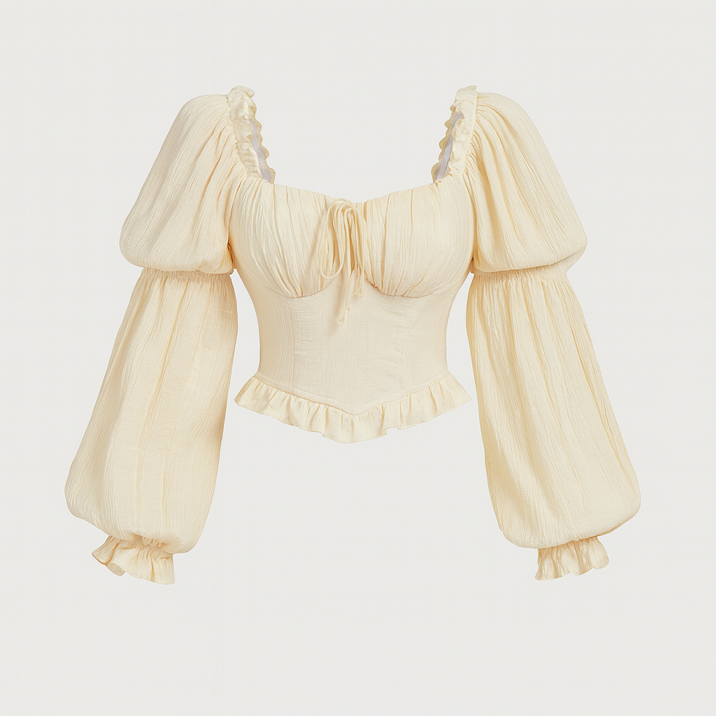 Blus med puffärmar, fyrkantig halsringning, volangdetaljer och strukturerad överdel för en vintageinspirerad feminin look.