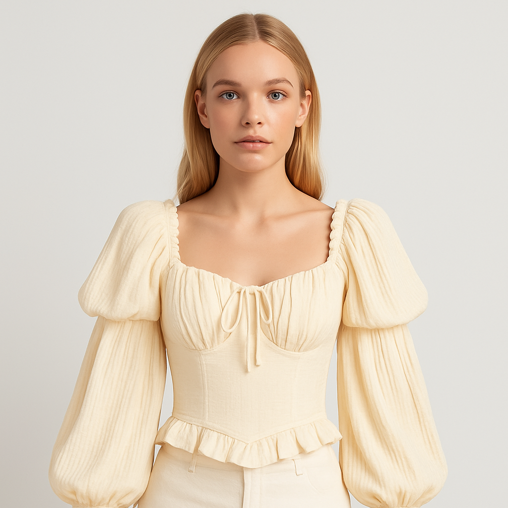 Blus med puffärmar, fyrkantig halsringning, volangdetaljer och strukturerad överdel för en vintageinspirerad feminin look.