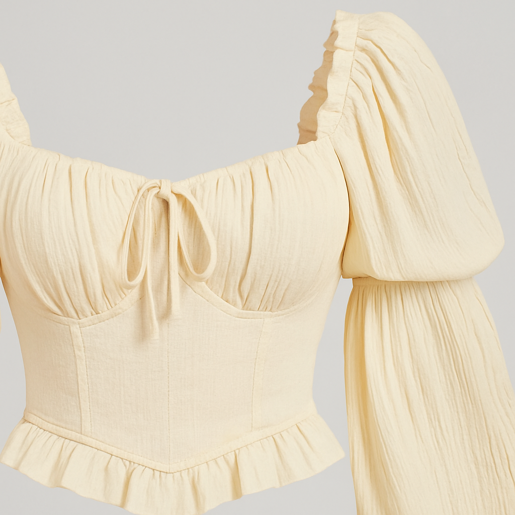 Blus med puffärmar, fyrkantig halsringning, volangdetaljer och strukturerad överdel för en vintageinspirerad feminin look.