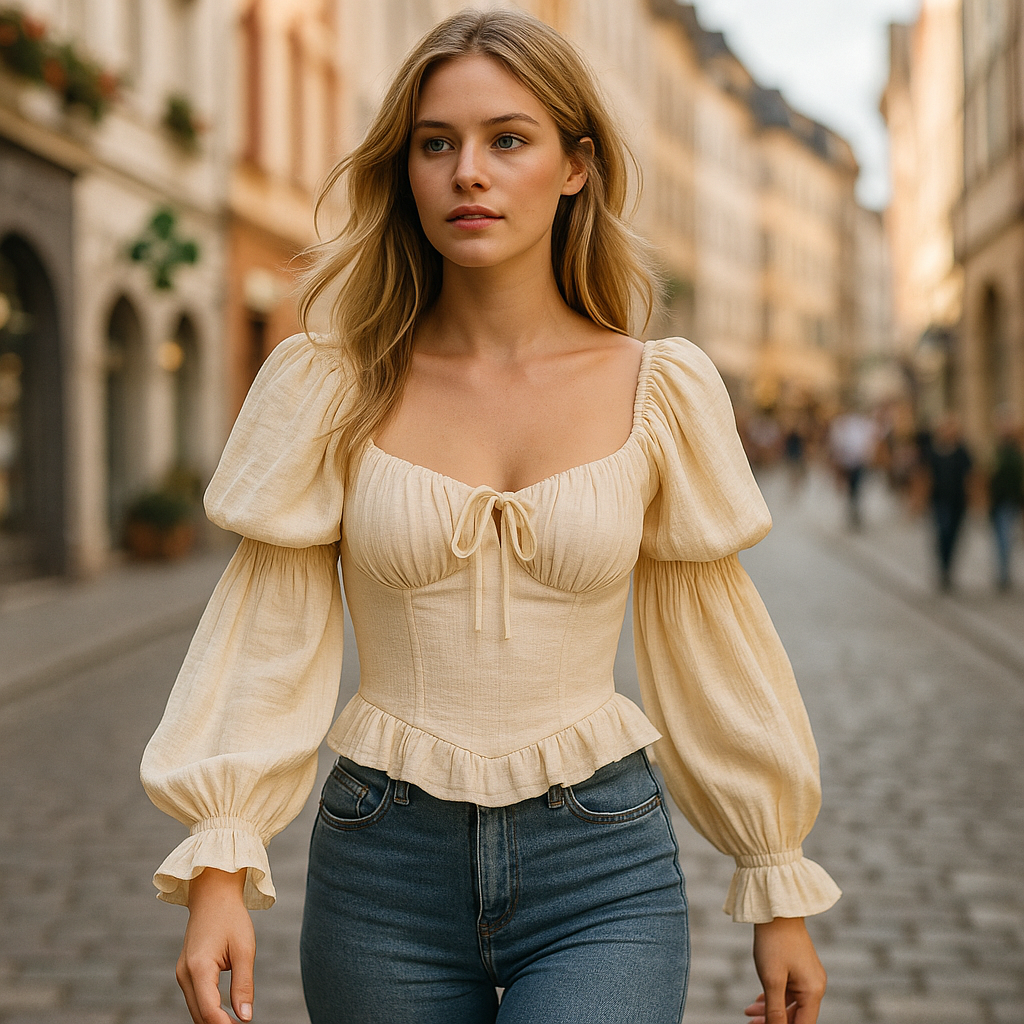 Blus med puffärmar, fyrkantig halsringning, volangdetaljer och strukturerad överdel för en vintageinspirerad feminin look.