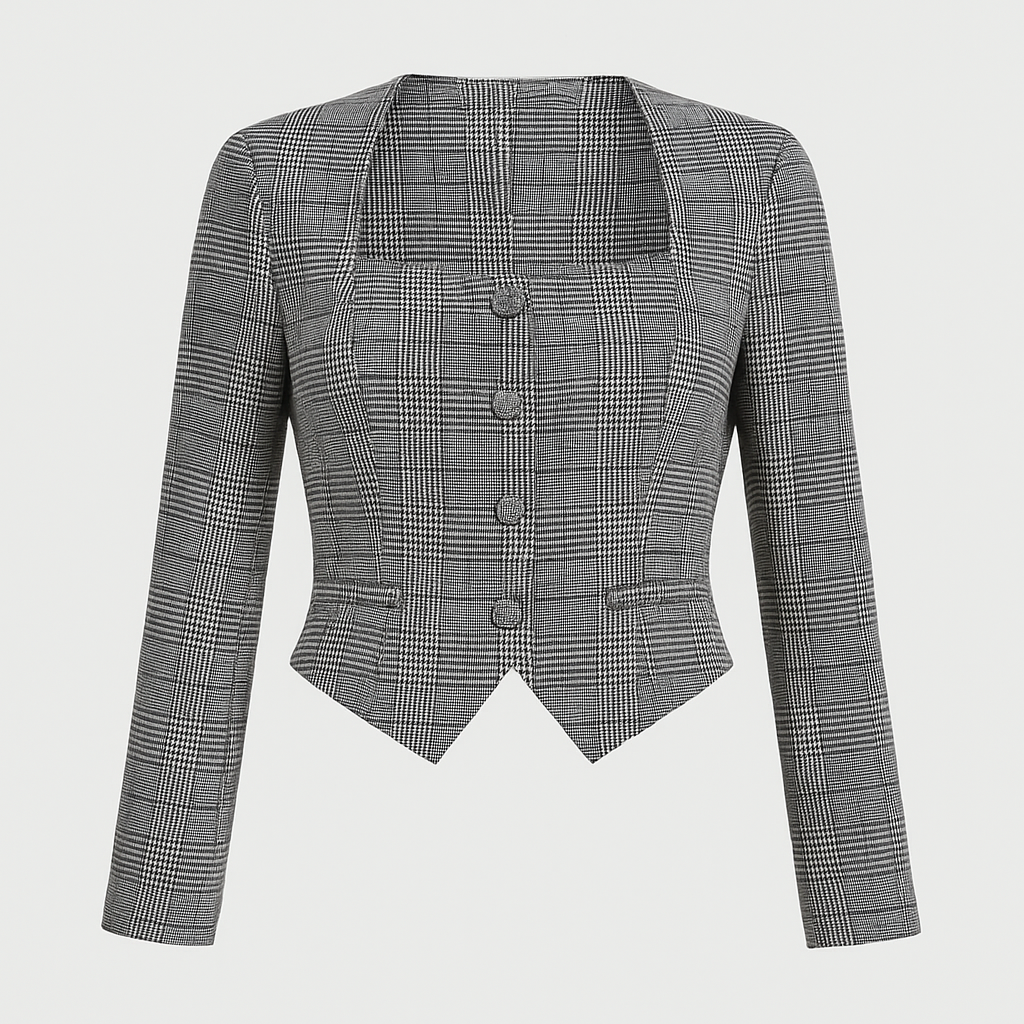 Grå rutig kort blazer med fyrkantig halsringning och knappar fram, stylad med skräddarsydda svarta byxor.