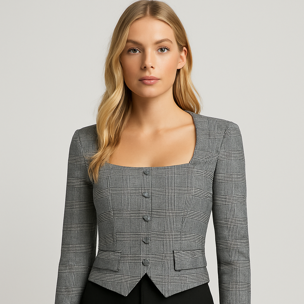 Grå rutig kort blazer med fyrkantig halsringning och knappar fram, stylad med skräddarsydda svarta byxor.