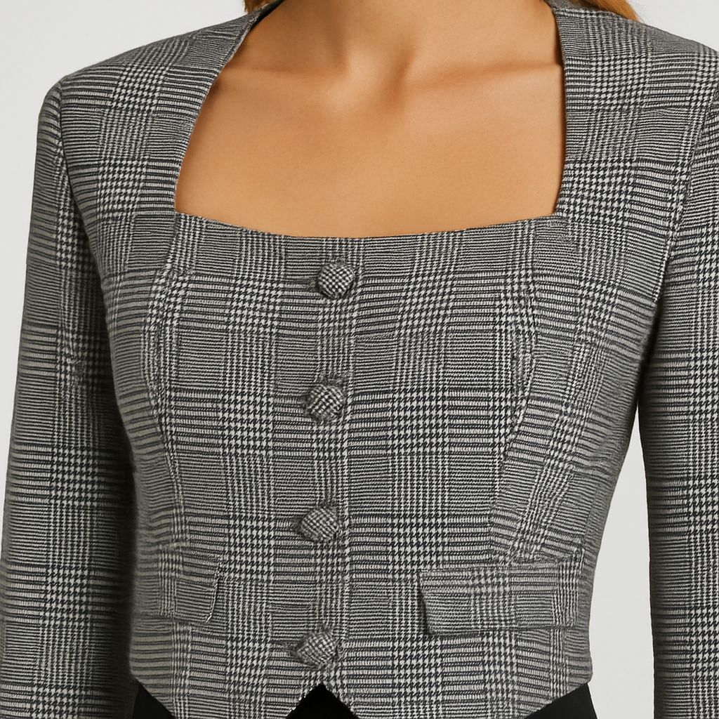 Grå rutig kort blazer med fyrkantig halsringning och knappar fram, stylad med skräddarsydda svarta byxor.