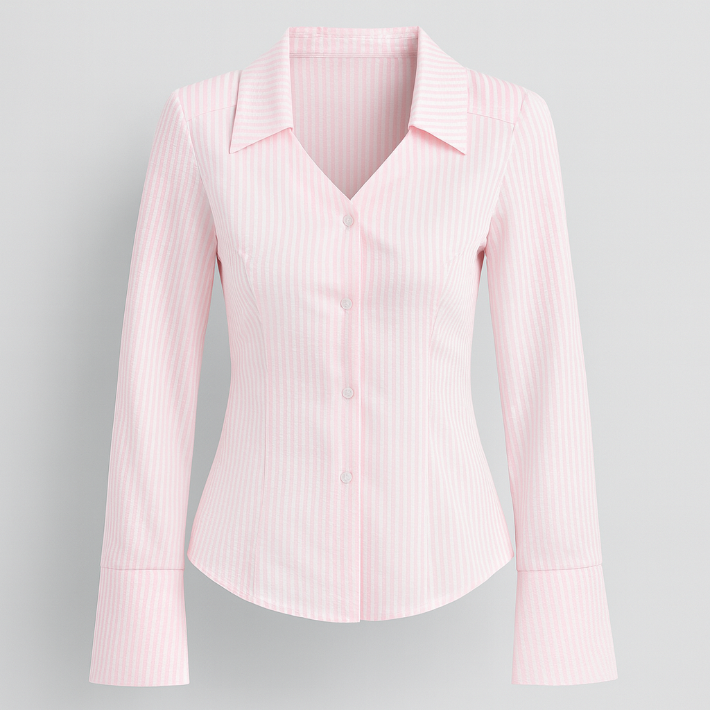 Långärmad skjorta med rosa ränder och utsvängda manschetter