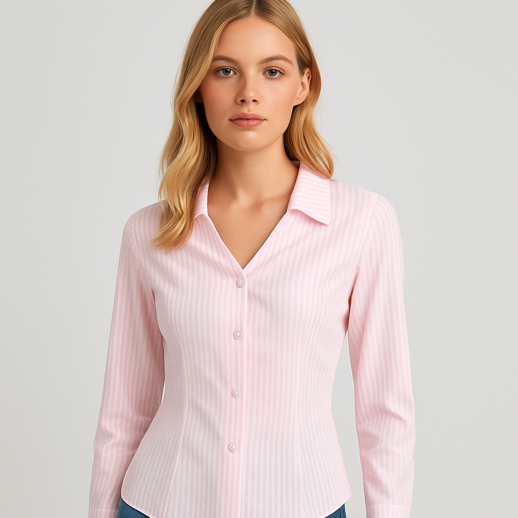 Långärmad skjorta med rosa ränder och utsvängda manschetter