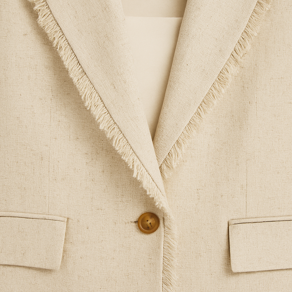 Beige kavaj med fransad revers och enkelknappsstängning