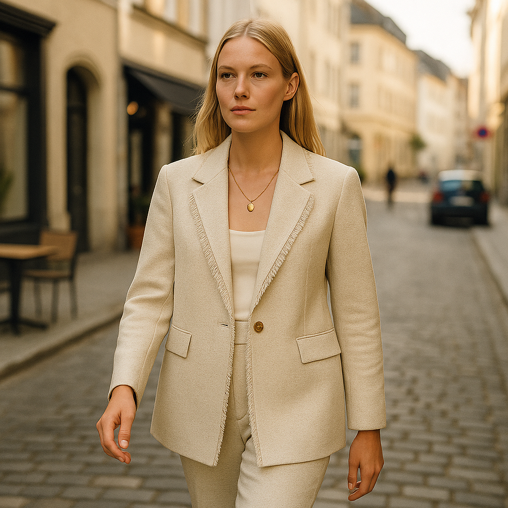 Beige kavaj med fransad revers och enkelknappsstängning